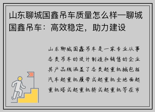 山东聊城国鑫吊车质量怎么样—聊城国鑫吊车：高效稳定，助力建设